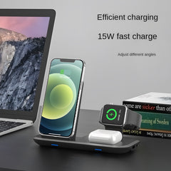3-in-1 Desktop Vertical Wireless Charger Phone Stand, Simultaneous Wireless Charging for Phones/Earbuds/Watches