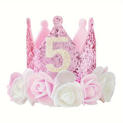 Birthday Hat for 1, 2, 3, 4, 5 Years Old with Pink and White Flowers and Pink Sequins Felt Birthday Party Crown Hat for Halloween,Christmas Event & Party Supplies
