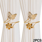 Two Golden/Silvery Butterfly And Flower-shaped Curtain Tiebacks, Featuring A Modern Minimalist Style With Creative Hollow Butterfly Design. These Adjustable Curtain Holders Can Be Installed Without Drilling, Suitable For Living Room, Bedroom, Office Home
