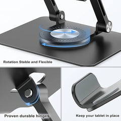 Metal Tablet Stand with 360-Degree Rotating Base - Foldable & Adjustable Design - Heavy Duty Desk Holder for Office & Home Office - Compatible with iPad Pro, Air, Mini & 7-13 inch Tablets - Silver & Black - Wholesale Bulk Supply