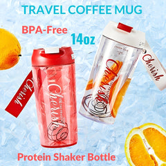 14oz 2-In-1 Travel Coffee Mug Protein Shaker Bottle,Coffee Cups With Lids,BPA-Free,Best Insulated/Iced Coffee Cup Tea Mug Shaker Cup,Ideal For Travel And Gym
