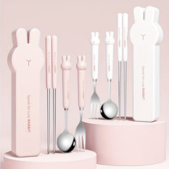 304 Stainles Steel Cutlery Set with Chopsticks, Fork, Spoon, Cute Rabbit Gif Box, Portable for 0utdoor Travel and School, Cutlery Gift Set