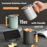 Tasse à café de voyage isotherme en acier inoxydable de 425 ml, avec couvercle et poignée, idéale pour le thé ou le café glacé.