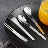 Ensemble de couverts en acier inoxydable, motif marteau japonais, cuillère à café, cuillère carrée, fourchette à dessert, gâteau aux fruits, coffret cadeau
