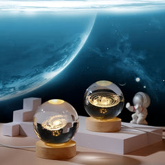 3D laser carved crystal ball night light ornament, yellow warm light solar system galaxy planet series