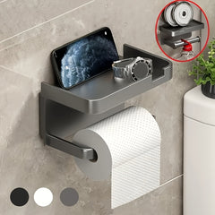Luxury Self-Adhesive Wall-Mounted Bathroom Tissue Holder with Storage Rack – Sleek Black High-Gloss Finish, Multi-Functional Organizer for Toilet Paper, Towels, Smartphone & Watch, Ideal for Home and Hotel Bathrooms, Bathroom Accessories