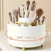 1pc ABERZEY 360° Rotating Makeup Organizer - 5-Compartment Durable Plastic Cosmetic & Desk Storage with Luxury Stripe Design, Freestanding No-Power Rotating Caddy for Brushes, Lipsticks, Skincare, Stationery, Makeup Brush Holder, Sleek Modern Look, Goldto