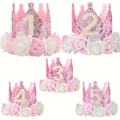 Birthday Hat for 1, 2, 3, 4, 5 Years Old with Pink and White Flowers and Pink Sequins Felt Birthday Party Crown Hat for Halloween,Christmas Event & Party Supplies