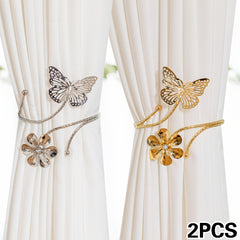 Two Golden/Silvery Butterfly And Flower-shaped Curtain Tiebacks, Featuring A Modern Minimalist Style With Creative Hollow Butterfly Design. These Adjustable Curtain Holders Can Be Installed Without Drilling, Suitable For Living Room, Bedroom, Office Home