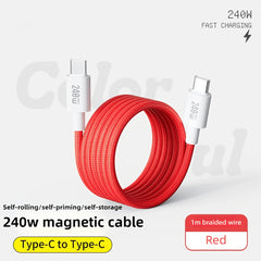 Wholesale 240W Magnetic USB-C to USB-C Cable | Self-Coiling Flat Braided Fast Charge Cable for iPhone/iPad/MacBook - Multi-Color (Pink/Blue/Red/Black)