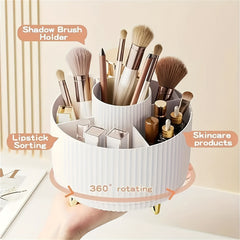 1pc ABERZEY 360° Rotating Makeup Organizer - 5-Compartment Durable Plastic Cosmetic & Desk Storage with Luxury Stripe Design, Freestanding No-Power Rotating Caddy for Brushes, Lipsticks, Skincare, Stationery, Makeup Brush Holder, Sleek Modern Look, Goldto