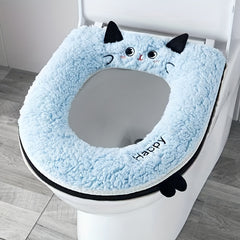Thickened Soft Plush -Shaped Toilet Cover with Cushioned Ring - Cute Kitten Ears & Smiling Face Design, Towel Fabric & Plastic Frame, All-Season Hygienic Lid