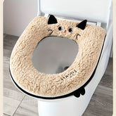Thickened Soft Plush -Shaped Toilet Cover with Cushioned Ring - Cute Kitten Ears & Smiling Face Design, Towel Fabric & Plastic Frame, All-Season Hygienic Lid
