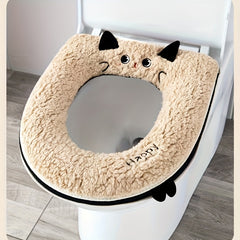 Thickened Soft Plush -Shaped Toilet Cover with Cushioned Ring - Cute Kitten Ears & Smiling Face Design, Towel Fabric & Plastic Frame, All-Season Hygienic Lid