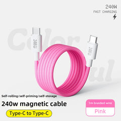 Wholesale 240W Magnetic USB-C to USB-C Cable | Self-Coiling Flat Braided Fast Charge Cable for iPhone/iPad/MacBook - Multi-Color (Pink/Blue/Red/Black)