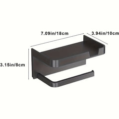 Luxury Self-Adhesive Wall-Mounted Bathroom Tissue Holder with Storage Rack – Sleek Black High-Gloss Finish, Multi-Functional Organizer for Toilet Paper, Towels, Smartphone & Watch, Ideal for Home and Hotel Bathrooms, Bathroom Accessories
