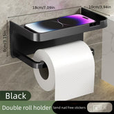 Luxury Self-Adhesive Wall-Mounted Bathroom Tissue Holder with Storage Rack – Sleek Black High-Gloss Finish, Multi-Functional Organizer for Toilet Paper, Towels, Smartphone & Watch, Ideal for Home and Hotel Bathrooms, Bathroom Accessories
