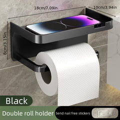 Luxury Self-Adhesive Wall-Mounted Bathroom Tissue Holder with Storage Rack – Sleek Black High-Gloss Finish, Multi-Functional Organizer for Toilet Paper, Towels, Smartphone & Watch, Ideal for Home and Hotel Bathrooms, Bathroom Accessories