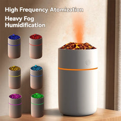 Humidificador con forma de taza de volcán, con luz de llama colorida y simulación de atmósfera volcánica, minihumidificador USB para coche, hogar, aromaterapia, atomizador de aire.