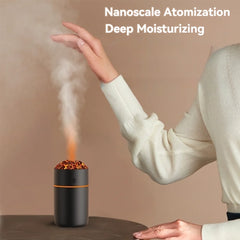 Humidificador con forma de taza de volcán, con luz de llama colorida y simulación de atmósfera volcánica, minihumidificador USB para coche, hogar, aromaterapia, atomizador de aire.