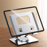 Upgraded Silver Metal Tablet Stand - Dual-Axis Adjustable with 360° Rotating Base - Ideal for Office, Streaming & Live Broadcasts - Wholesale Bulk Supply