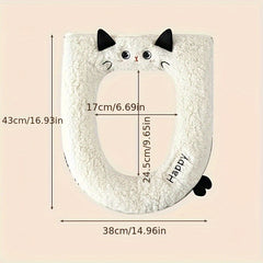 Thickened Soft Plush -Shaped Toilet Cover with Cushioned Ring - Cute Kitten Ears & Smiling Face Design, Towel Fabric & Plastic Frame, All-Season Hygienic Lid