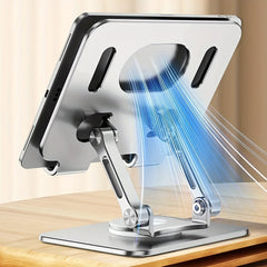 Metal Tablet Stand with 360-Degree Rotating Base - Foldable & Adjustable Design - Heavy Duty Desk Holder for Office & Home Office - Compatible with iPad Pro, Air, Mini & 7-13 inch Tablets - Silver & Black - Wholesale Bulk Supply