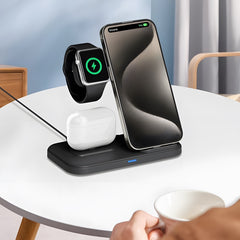 Cargador inalámbrico de escritorio plegable 3 en 1 con luz ambiental táctil y carga inalámbrica simultánea para teléfonos.