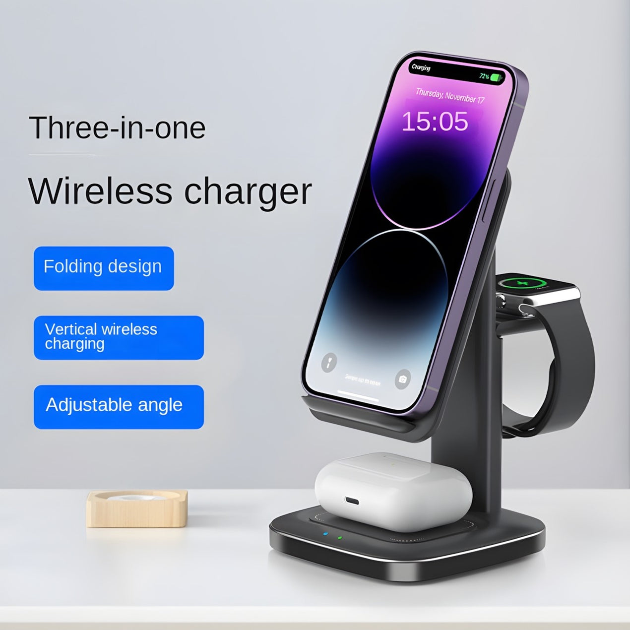 Chargeur sans fil pliable 3 en 1 avec angle de chargement réglable pour téléphone