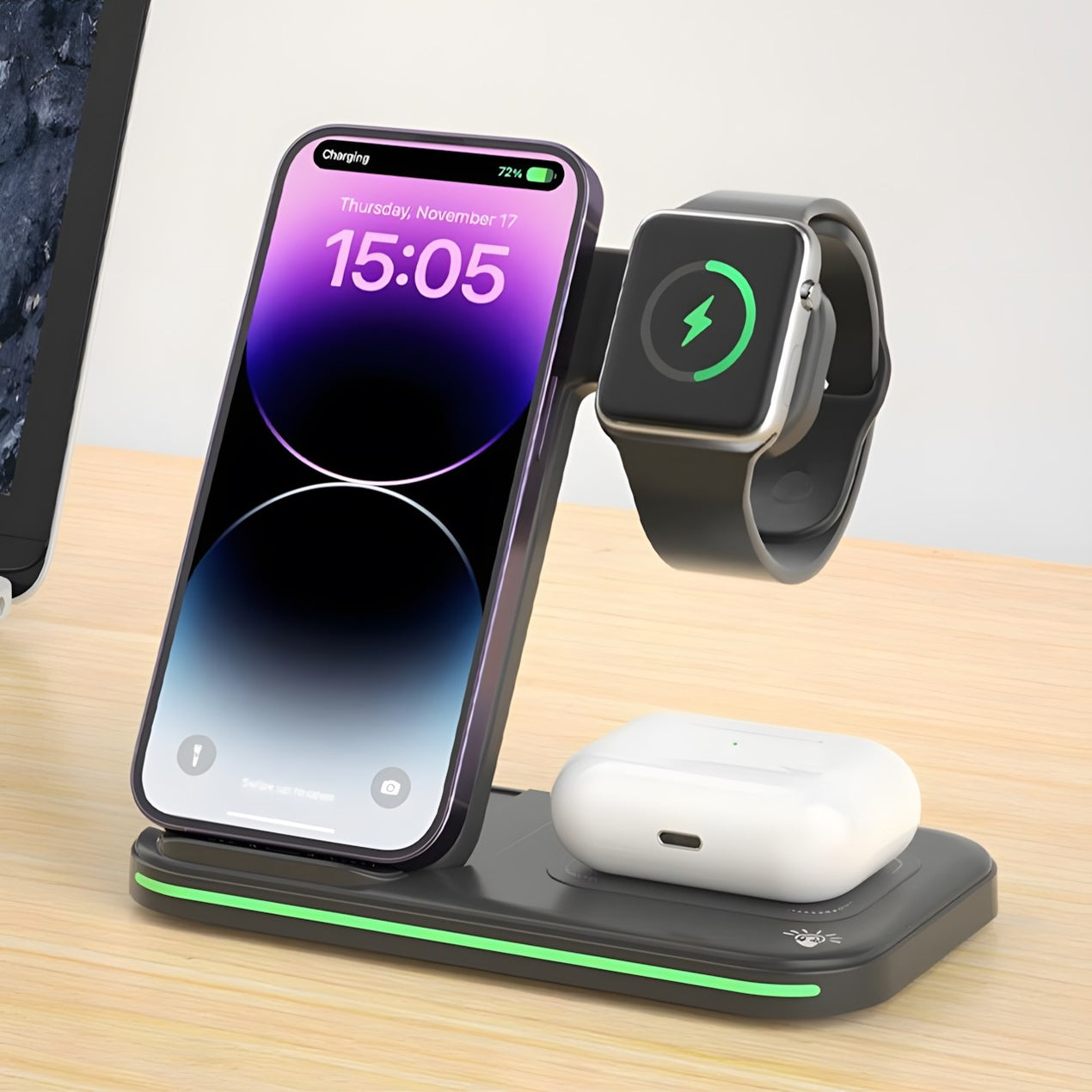 Chargeur de bureau sans fil pliable 3 en 1 avec lumière ambiante tactile