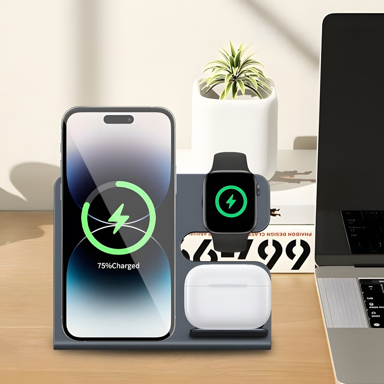 Chargeur sans fil de bureau 3 en 1, alliage d'aluminium, charge sans fil simultanée pour téléphones/montres/écouteurs