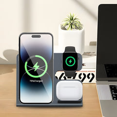 Cargador inalámbrico de escritorio 3 en 1, de aleación de aluminio, con carga inalámbrica simultánea para teléfonos, relojes y auriculares.