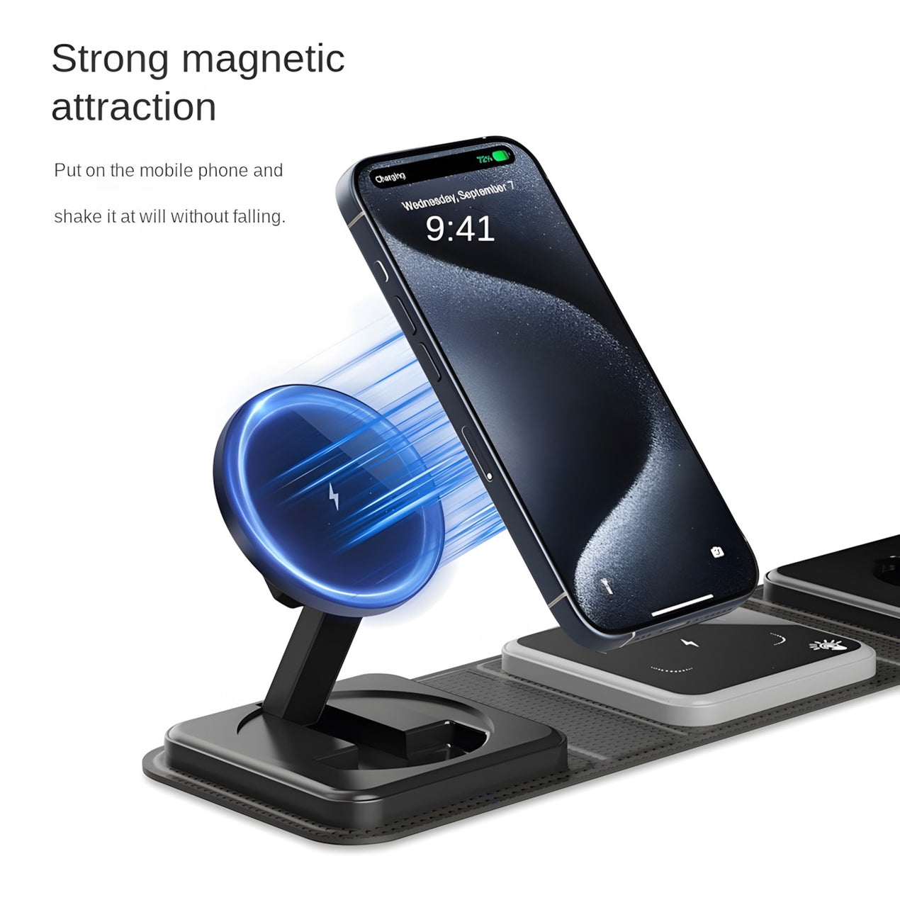 Mini chargeur magnétique sans fil de bureau 3 en 1, matériau PU, conception pliable,