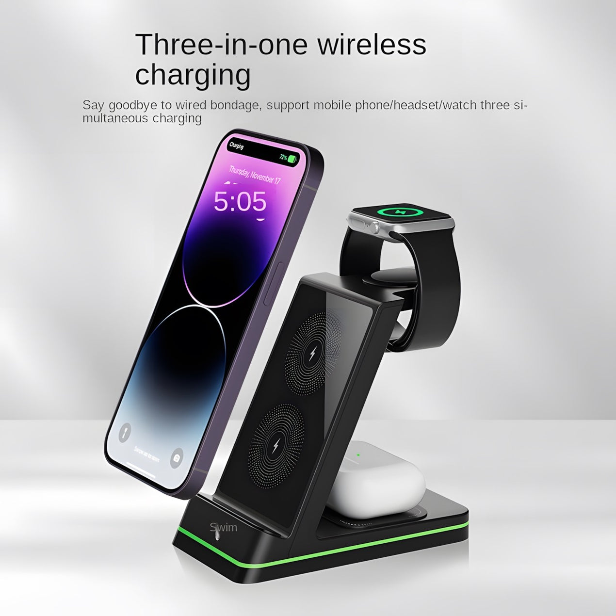 Chargeur sans fil vertical pliable 3 en 1 pour téléphone, charge sans fil simultanée