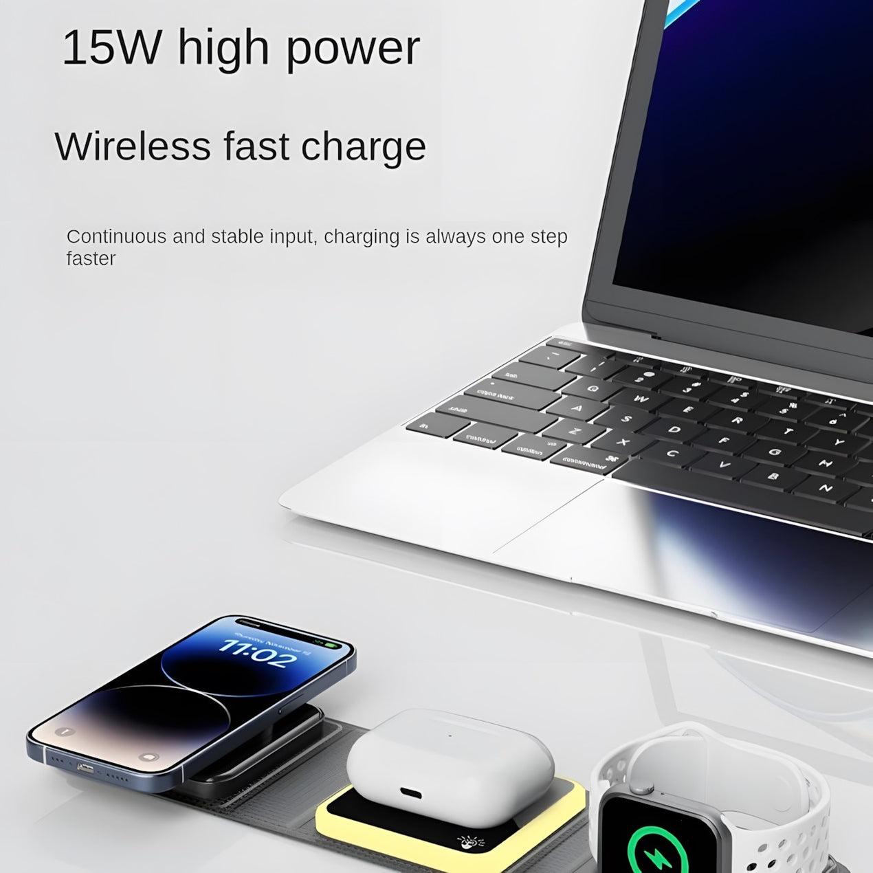 Titre : Mini chargeur magnétique sans fil de bureau 3 en 1, matériau PU, design pliable