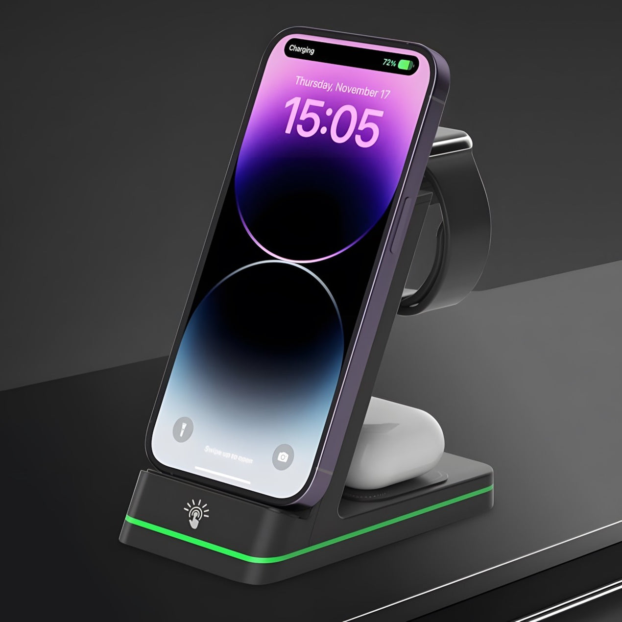 Support de téléphone vertical pliable 3 en 1 pour chargeur sans fil de bureau,