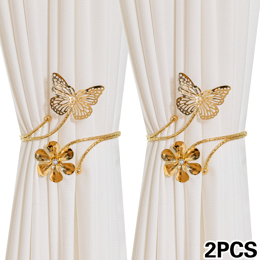 Two Golden/Silvery Butterfly And Flower-shaped Curtain Tiebacks, Featuring A Modern Minimalist Style With Creative Hollow Butterfly Design. These Adjustable Curtain Holders Can Be Installed Without Drilling, Suitable For Living Room, Bedroom, Office Home
