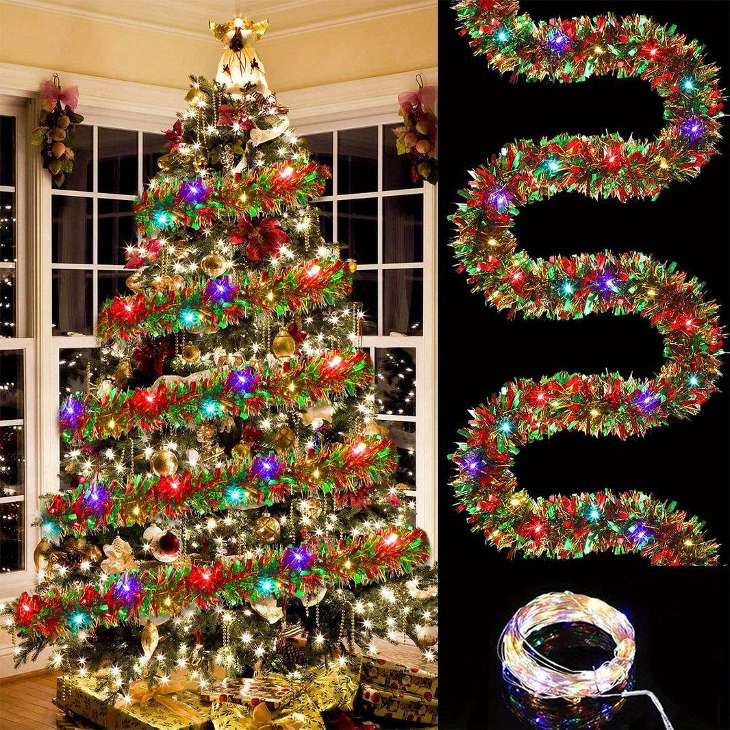 1Set 30LED Dingion Christmas Tinsel Garland Metallic Shinny with Lights Tree Thick Hanging Decorations for Xmas Party Indoor (Without Battery) LED Lighted Christmas Tinsel Garland