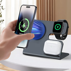 Cargador inalámbrico de escritorio 3 en 1, de aleación de aluminio, con carga inalámbrica simultánea para teléfonos, relojes y auriculares.
