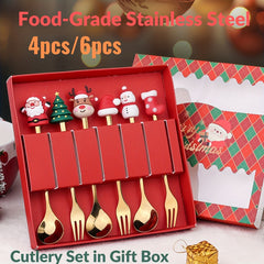 Christmas Style Food-Grade Stainless Steel Cutlery Set in Gift Box, Santa, Christmas Tree