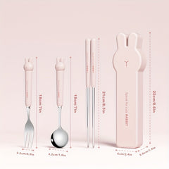 304 Stainles Steel Cutlery Set with Chopsticks, Fork, Spoon, Cute Rabbit Gif Box, Portable for 0utdoor Travel and School, Cutlery Gift Set