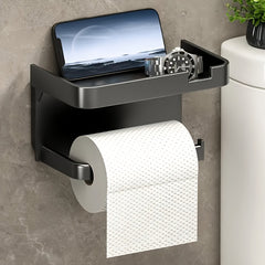 Luxury Self-Adhesive Wall-Mounted Bathroom Tissue Holder with Storage Rack – Sleek Black High-Gloss Finish, Multi-Functional Organizer for Toilet Paper, Towels, Smartphone & Watch, Ideal for Home and Hotel Bathrooms, Bathroom Accessories