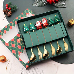 Christmas Style Food-Grade Stainless Steel Cutlery Set in Gift Box, Santa, Christmas Tree