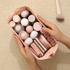 Large Capacity Travel Makeup Bag - Portable Cosmetic Organizer for Skincare & Lipsticks, Frame Opening Toiletry Bag with Handle