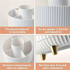 1pc ABERZEY 360° Rotating Makeup Organizer - 5-Compartment Durable Plastic Cosmetic & Desk Storage with Luxury Stripe Design, Freestanding No-Power Rotating Caddy for Brushes, Lipsticks, Skincare, Stationery, Makeup Brush Holder, Sleek Modern Look, Goldto