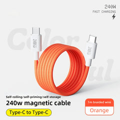 Wholesale 240W Magnetic USB-C to USB-C Cable | Self-Coiling Flat Braided Fast Charge Cable for iPhone/iPad/MacBook - Multi-Color (Pink/Blue/Red/Black)