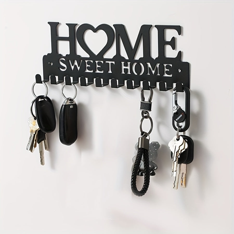 Chic Black Metal Key Holder - Wall-Mounted Storage Rack with Decorative Hooks for Coats, Hats & More - Rust-Resistant Organizer for Entryway or Hallway