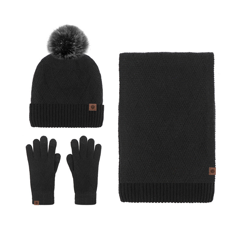 Gorro de invierno para mujer, forro polar grueso, bufanda, guantes, traje de tres piezas para mujer, guantes térmicos de punto para hombre 