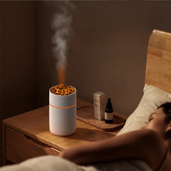 Humidificador con forma de taza de volcán, con luz de llama colorida y simulación de atmósfera volcánica, minihumidificador USB para coche, hogar, aromaterapia, atomizador de aire.