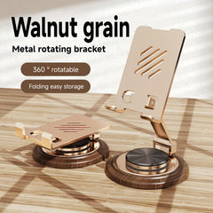 Adjustable 360° Rotating Phone Stand - Walnut Wood Grain Metal Foldable Design - Wholesale Bulk Supply